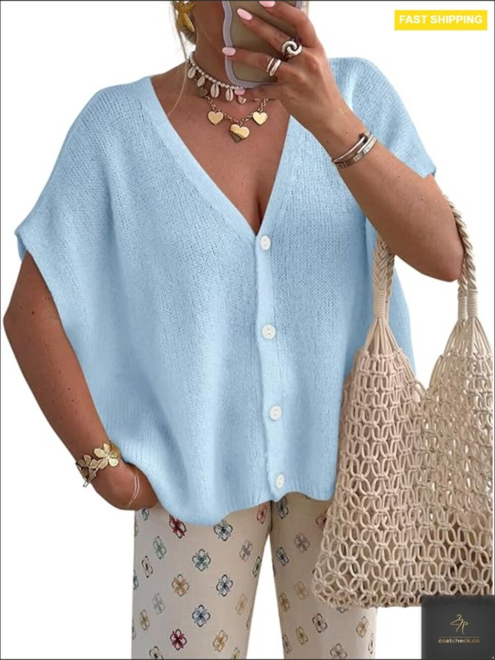 Oversized Cardigan Sweater Batwing Short Sleeve V Neck Button Down Lightweight